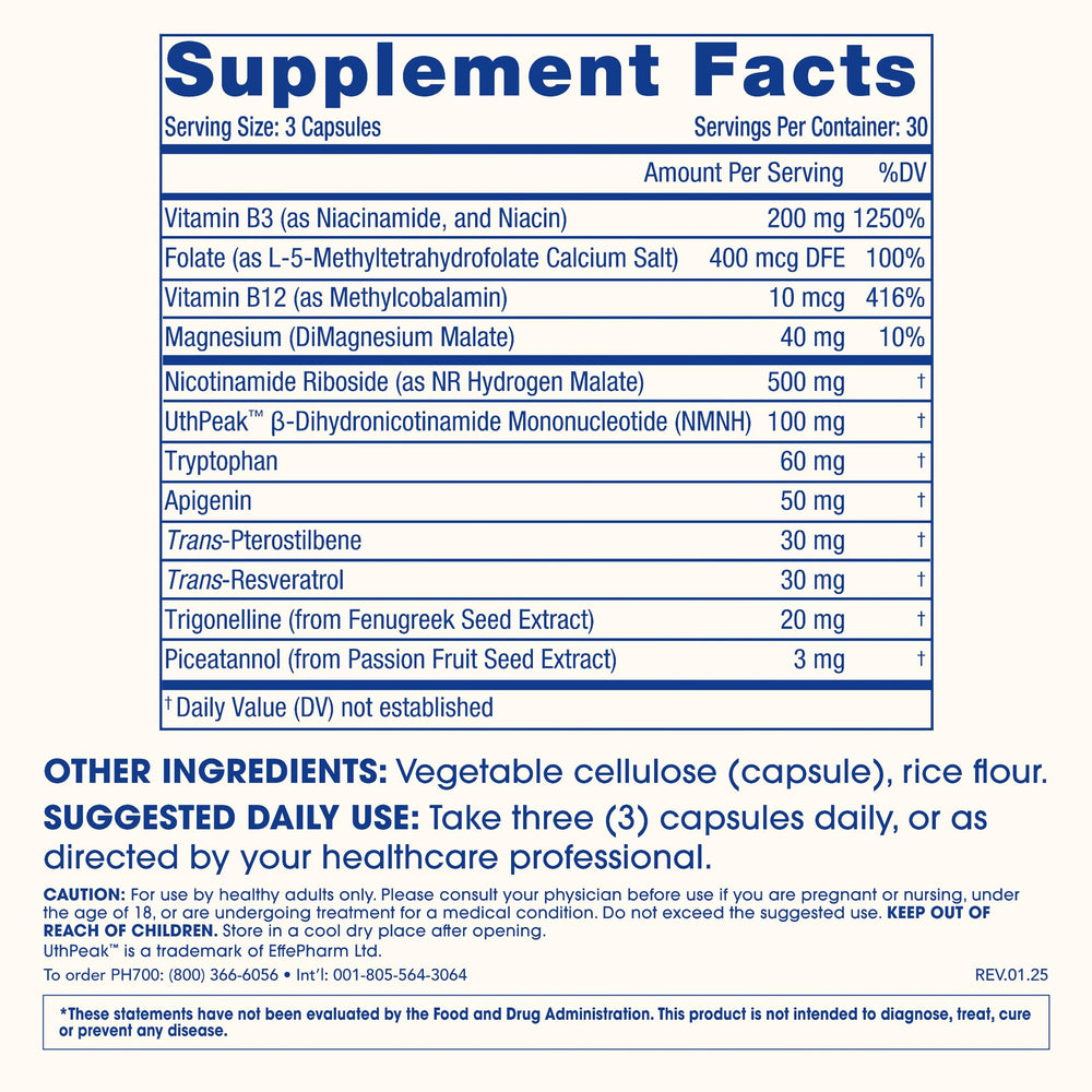 ProHealth NAD Triple Boost ingredients graphic highlights NR NMNH pterostilbene and apigenin