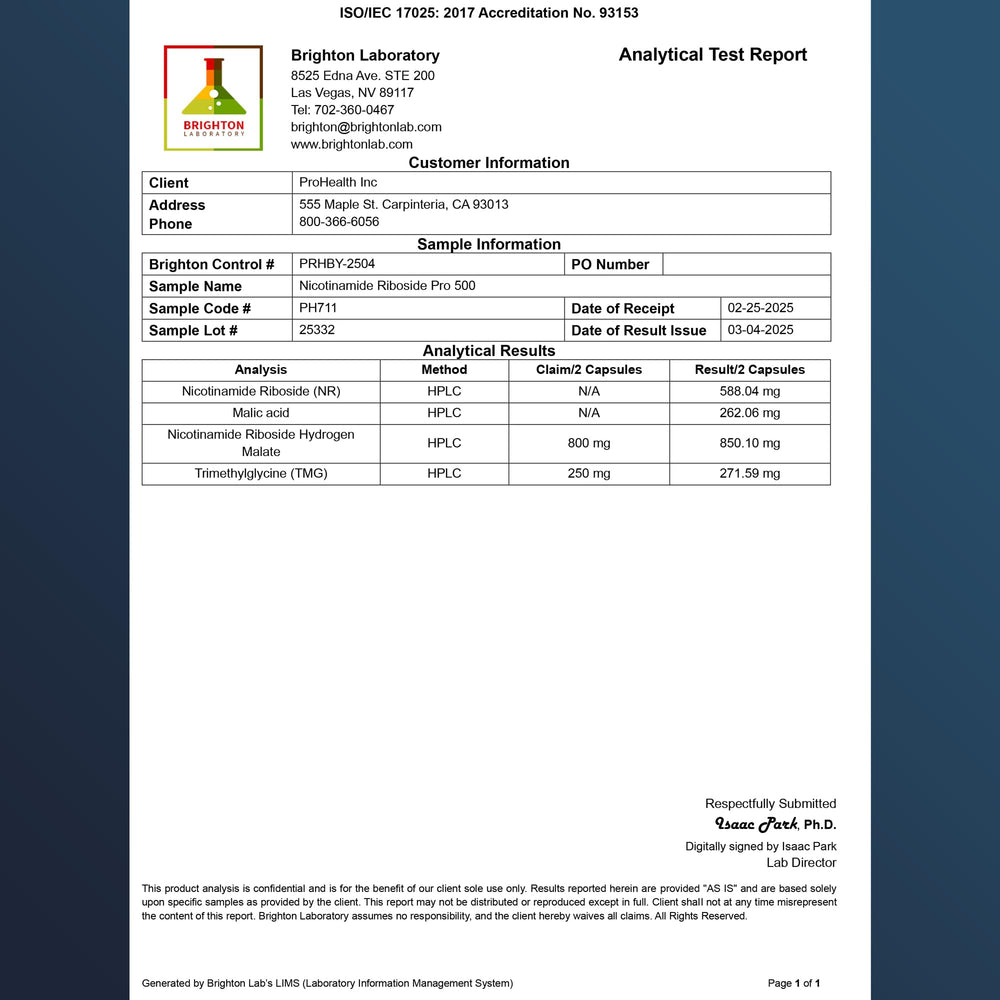ProHealth Nicotinamide Riboside Pro 500 label shows triple lab testing