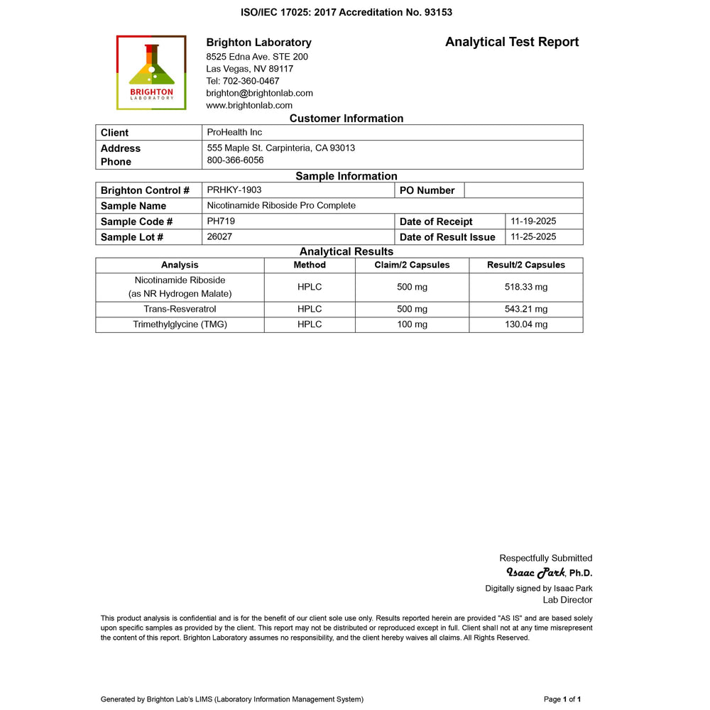 ProHealth Nicotinamide Riboside Pro Complete bottle pouring showing dosing