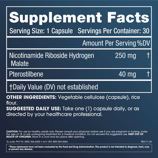 ProHealth Nicotinamide Riboside + Pterostilbene capsules ready for daily use to support energy balance.