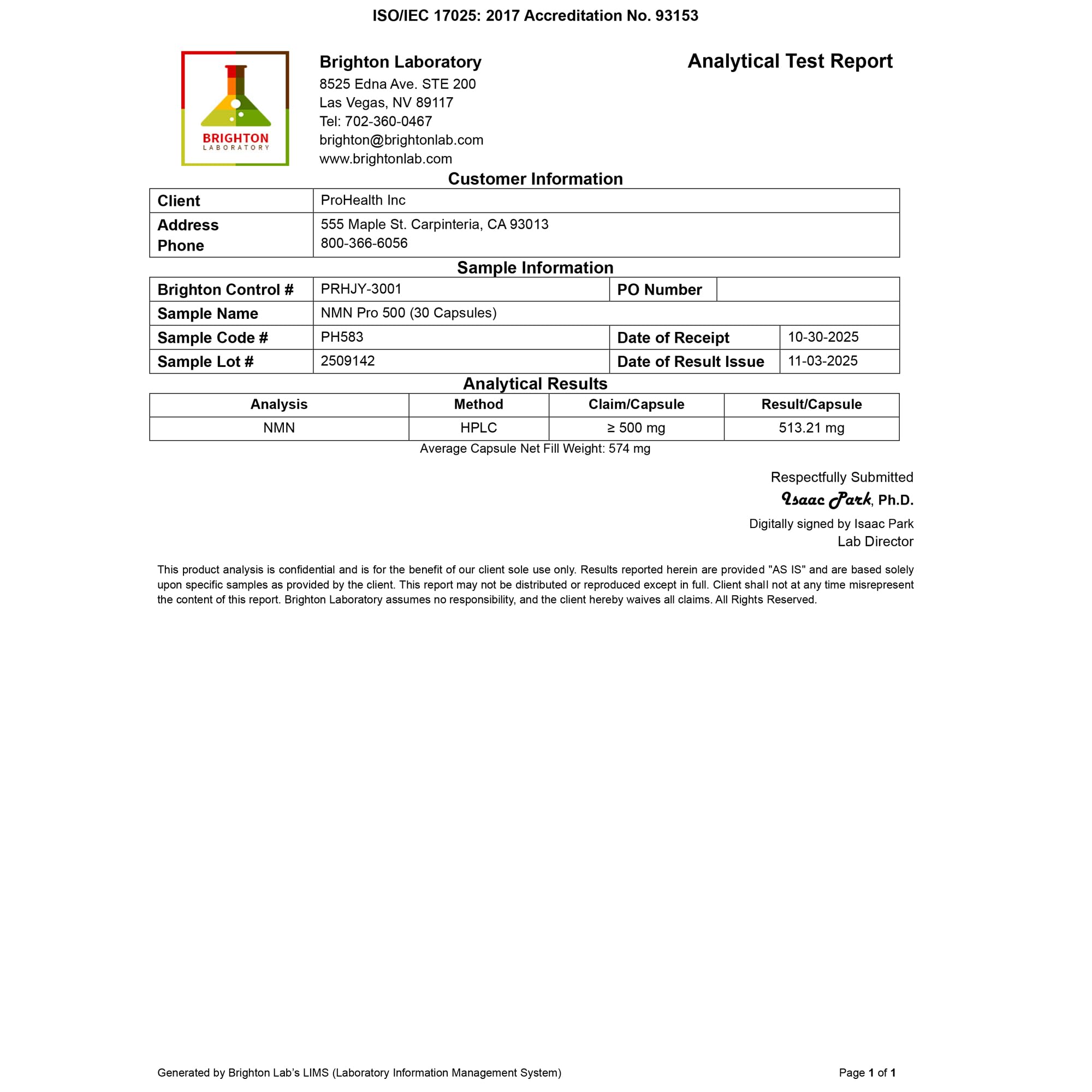 ProHealth NMN Pro 500 third-party tests image provides open transparency