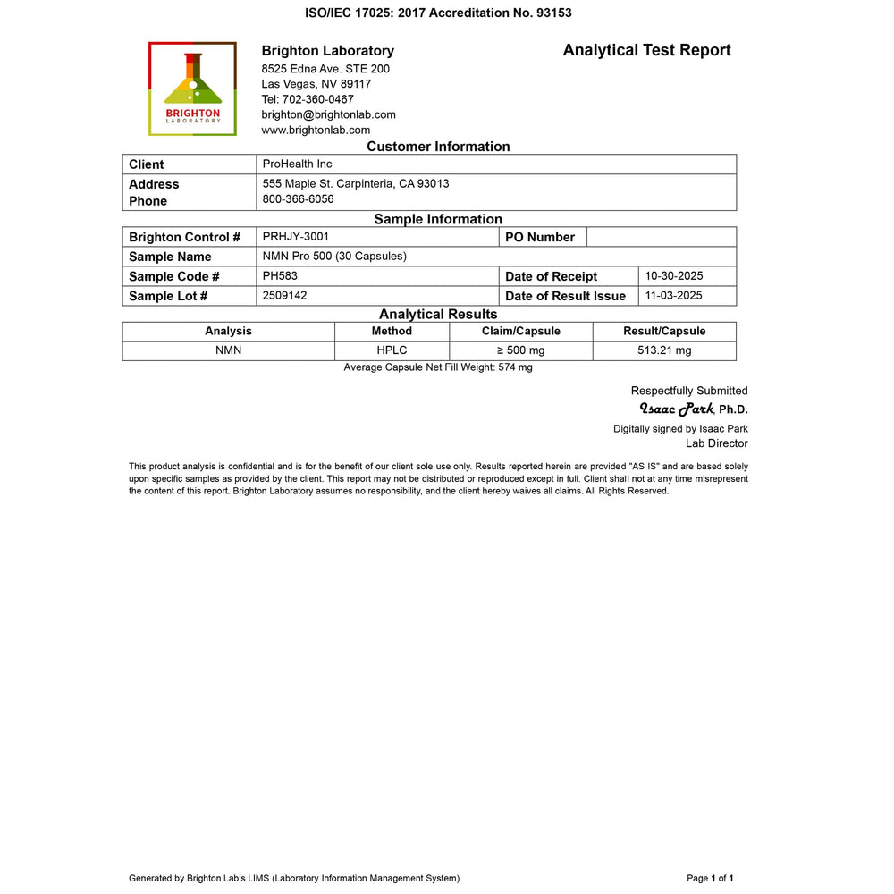 ProHealth NMN Pro 500 third-party tests image provides open transparency