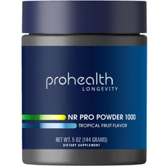 ProHealth NR Pro Powder tropical fruit powder dissolving in water for energy support.