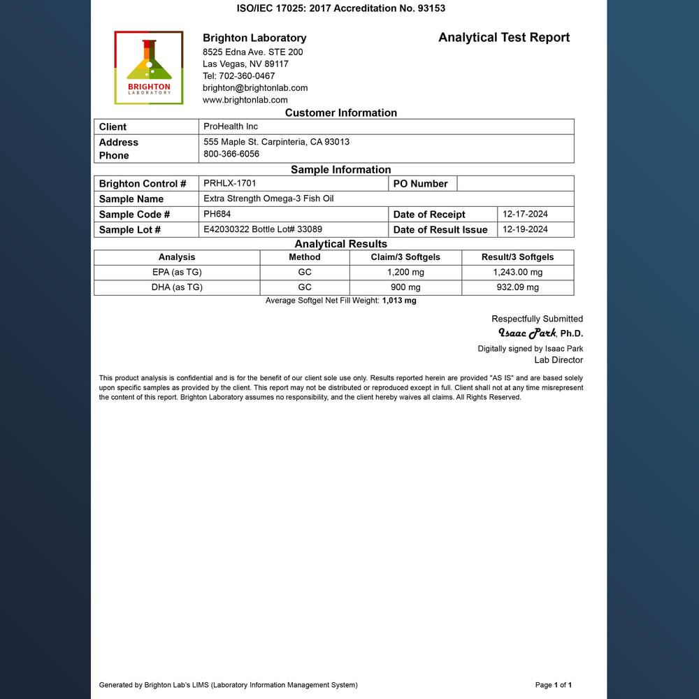 ProHealth Omega-3 label showing third-party testing and clean ingredients