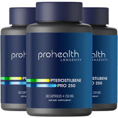 ProHealth Pterostilbene supplement bottle label showcases trusted antioxidant formula.