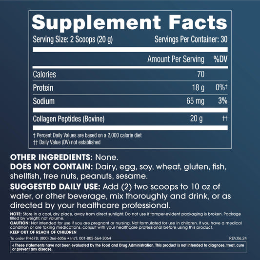 ProHealth Pure Collagen Peptides tub back label highlighting grass-fed, unflavored formula for versatile mixing.