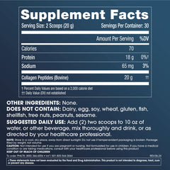 ProHealth Pure Collagen Peptides tub back label highlighting grass-fed, unflavored formula for versatile mixing.