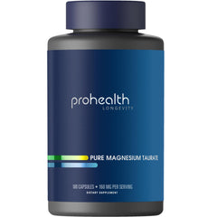 ProHealth Pure Magnesium Taurate bottle with capsules promotes overall wellness potential.