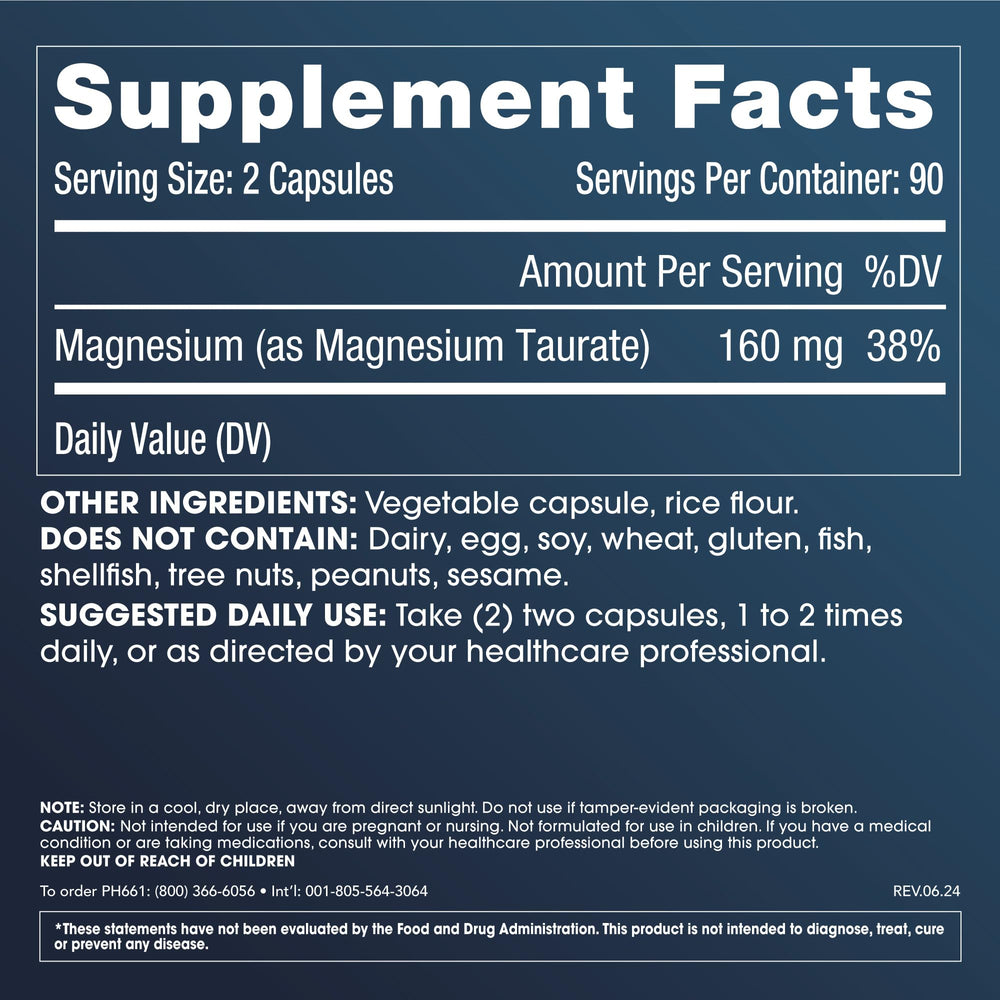 Close-up of ProHealth Pure Magnesium Taurate capsules showing smooth texture and convenient dosing.