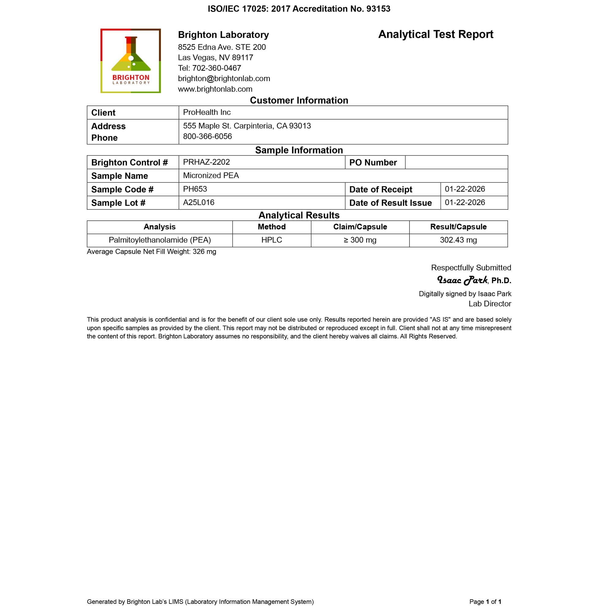 ProHealth P.E.A. label emphasizes third-party testing and purity.