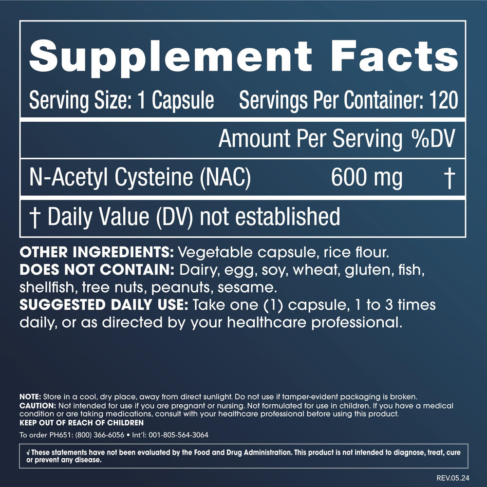 ProHealth NAC 600 mg bottle front highlighting antioxidant-friendly capsule design.