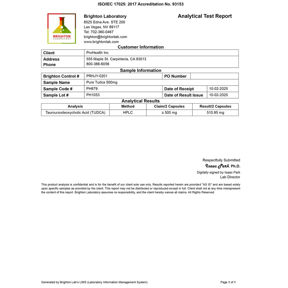 ProHealth Pure TUDCA made in USA label on bottle for trusted production.