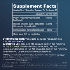 ProHealth Rhodiola full spectrum capsules label highlighting rosavins and salidrosides potency.
