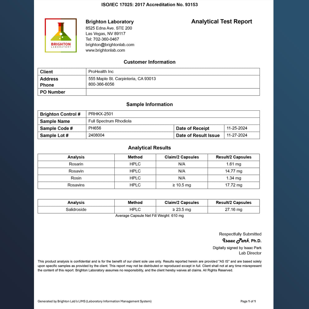 ProHealth Rhodiola third-party lab certificates image indicating quality and purity.