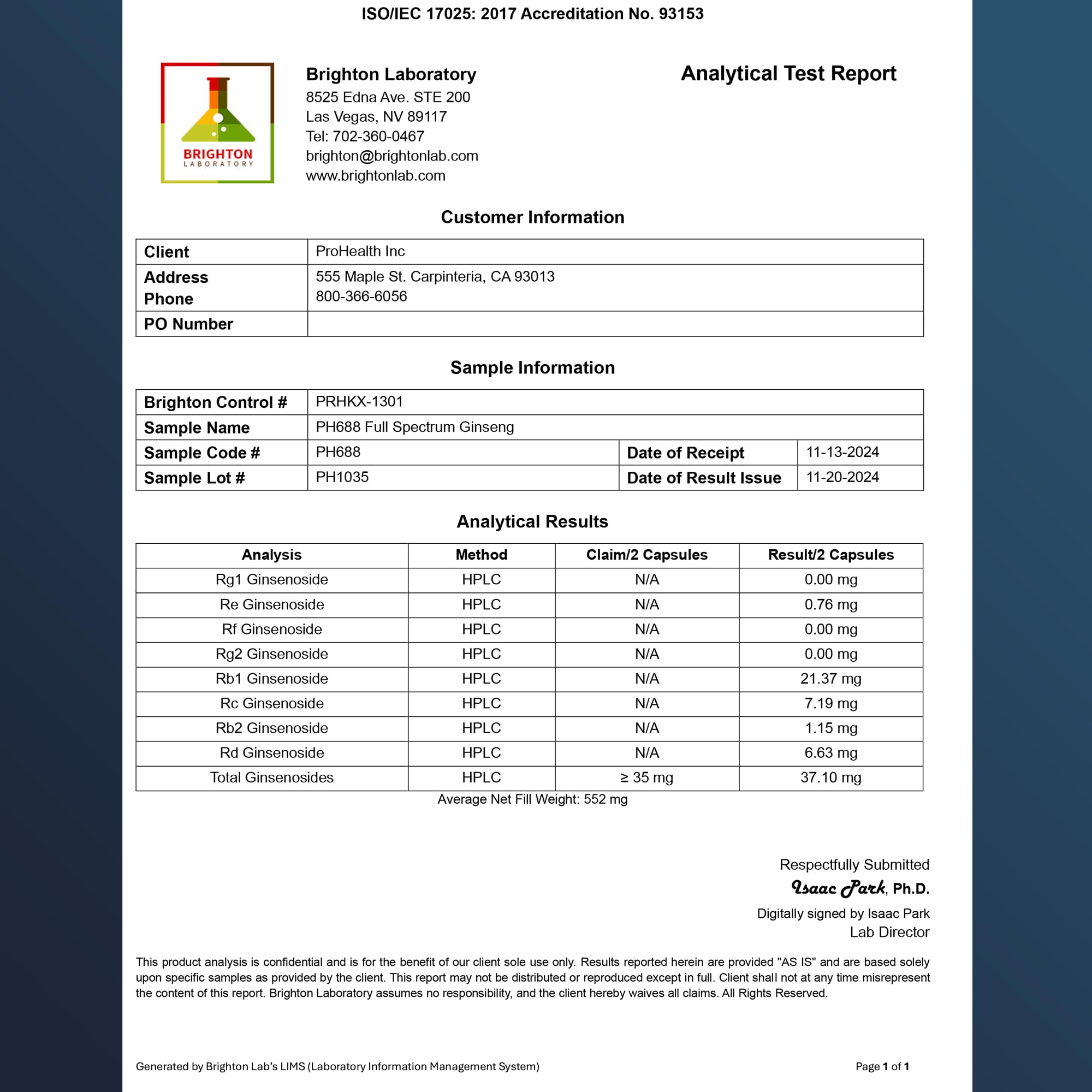 ProHealth third-party testing certificate illustrating purity and potency verification.