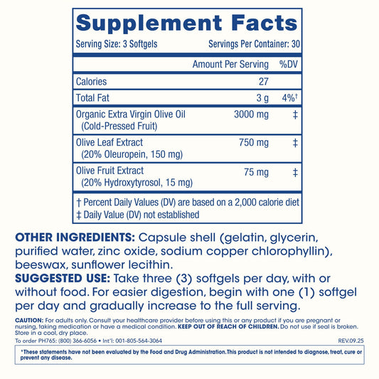 ProHealth Ultimate Olive Oil+ softgels label shows ingredients and usage for trusted daily routine