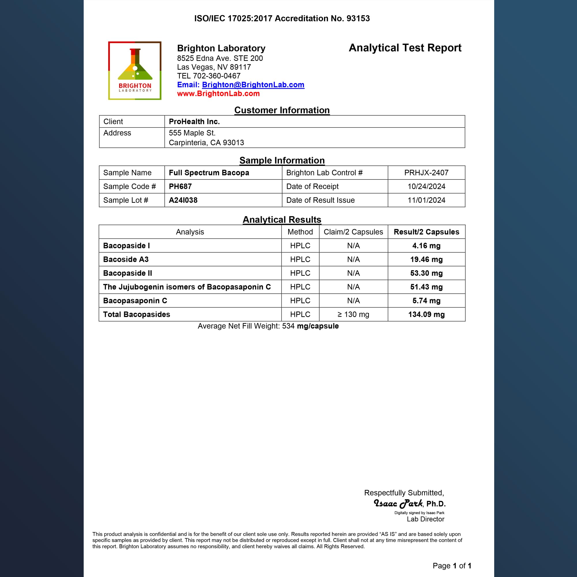 Lab-tested USA manufacturing seal for ProHealth bacopa with online potency results.