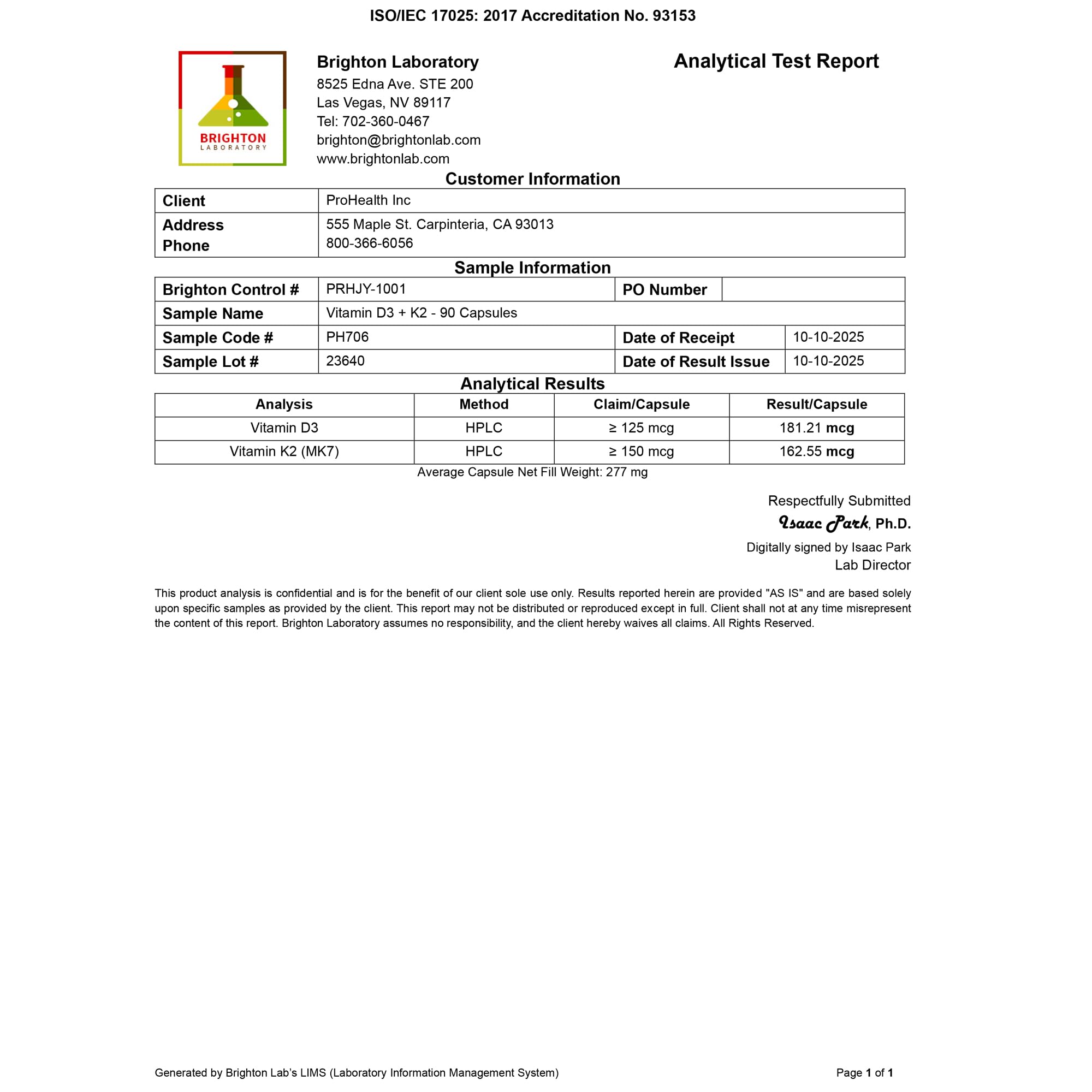 ProHealth label close-up with VegD3 and MK-7 details for quality and safety.