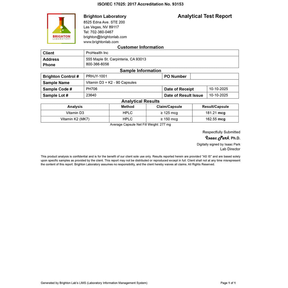 ProHealth label close-up with VegD3 and MK-7 details for quality and safety.