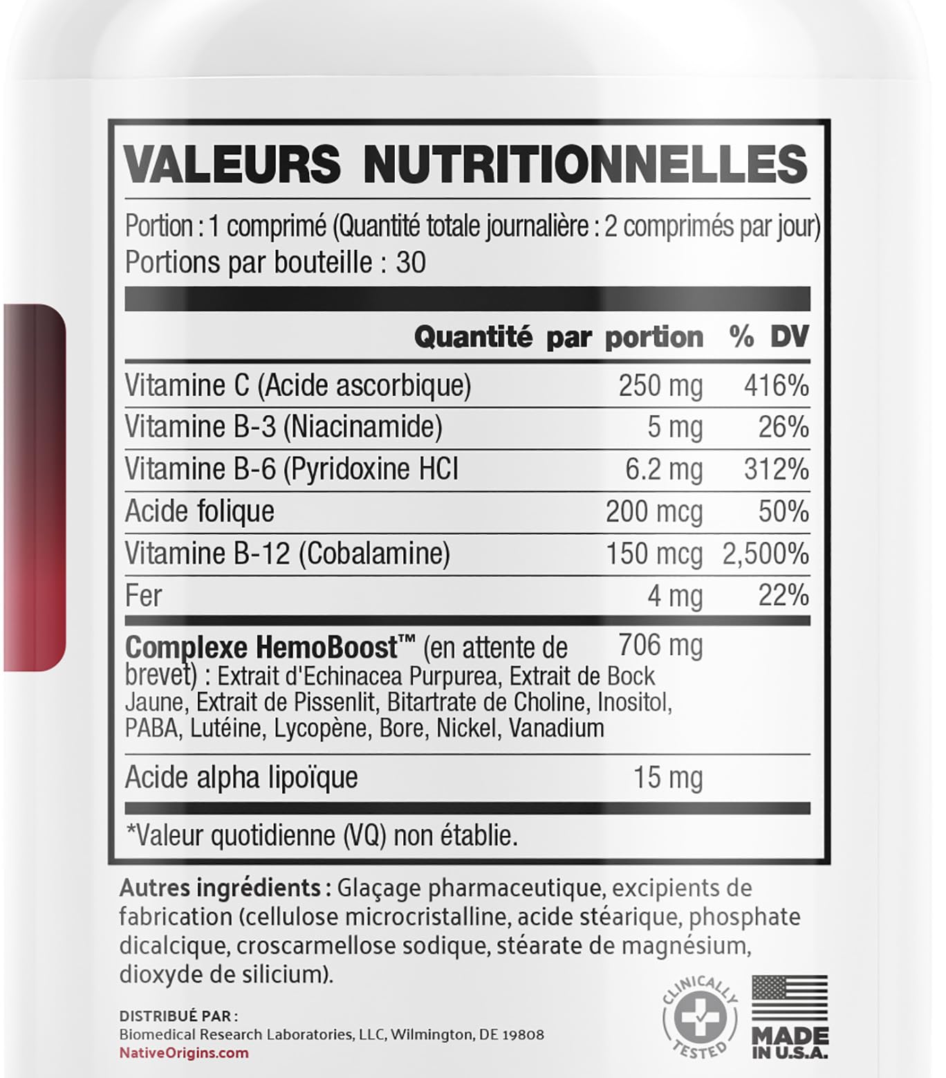 Prohemia label highlights essential nutrients for red blood cell production.