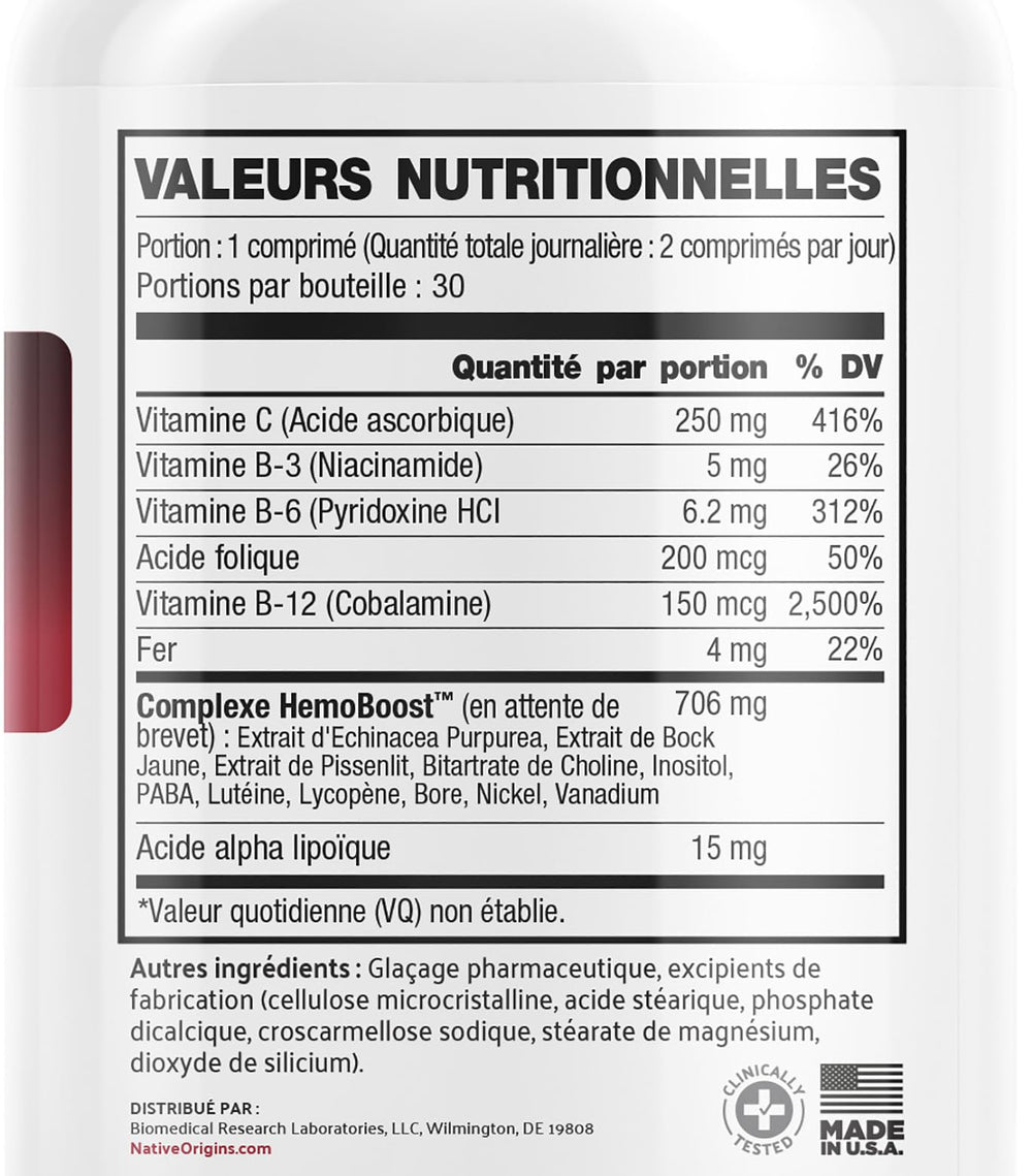 Prohemia label highlights essential nutrients for red blood cell production.