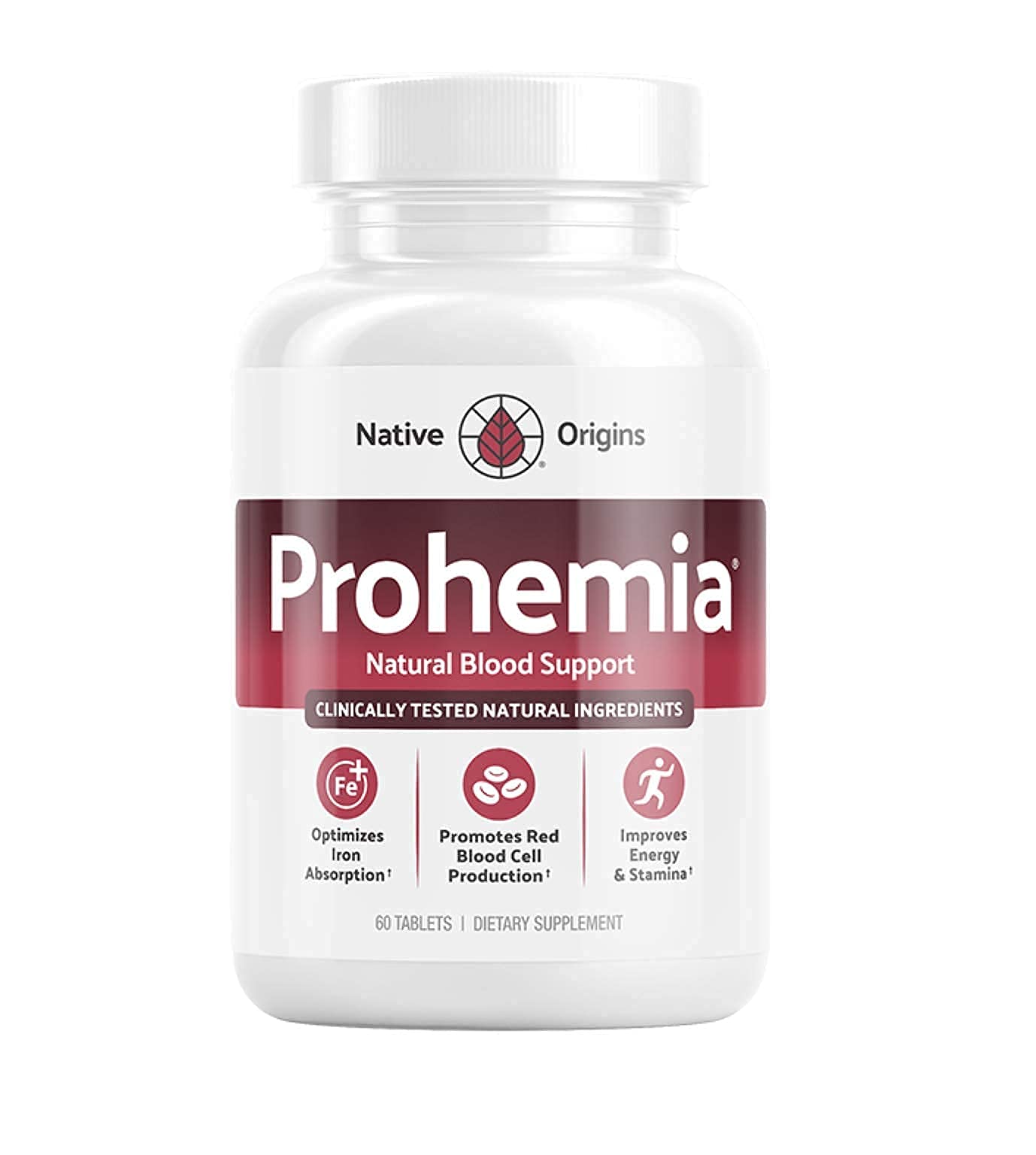 Prohemia bottle label shows iron support for healthy blood.