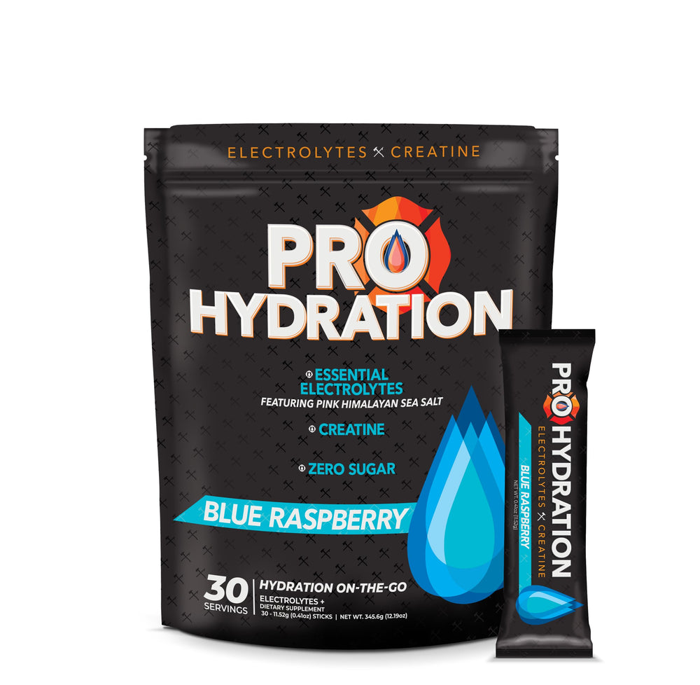 ProHydration blue raspberry stick shows a ready-to-mix, sugar-free electrolyte for workouts.