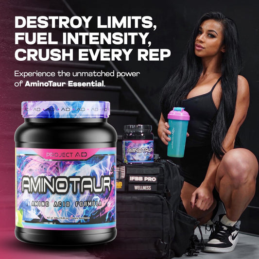 Aminotaur powder scoop ready for a pre-workout energy boost