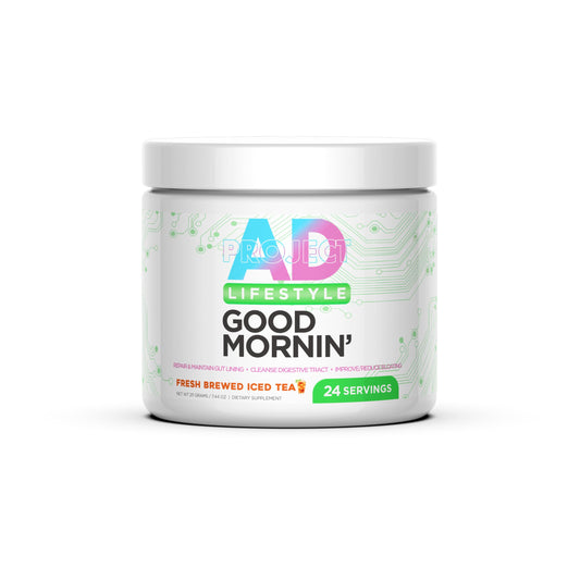 Project AD Life Good Morning detox bottle shown for daily gut-support routine.