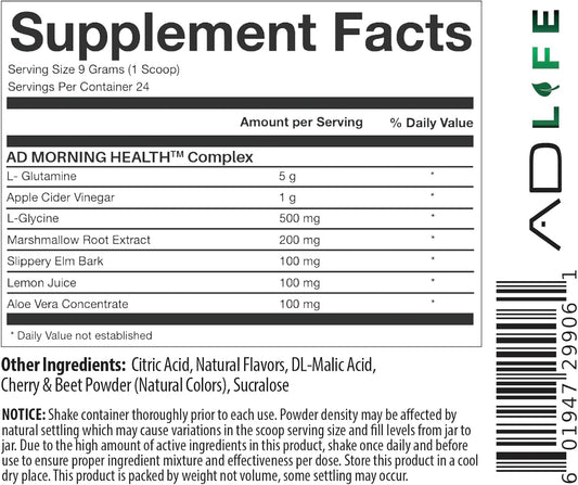 Project AD Life Good Morning dissolved powder in glass highlighting easy preparation and flavor