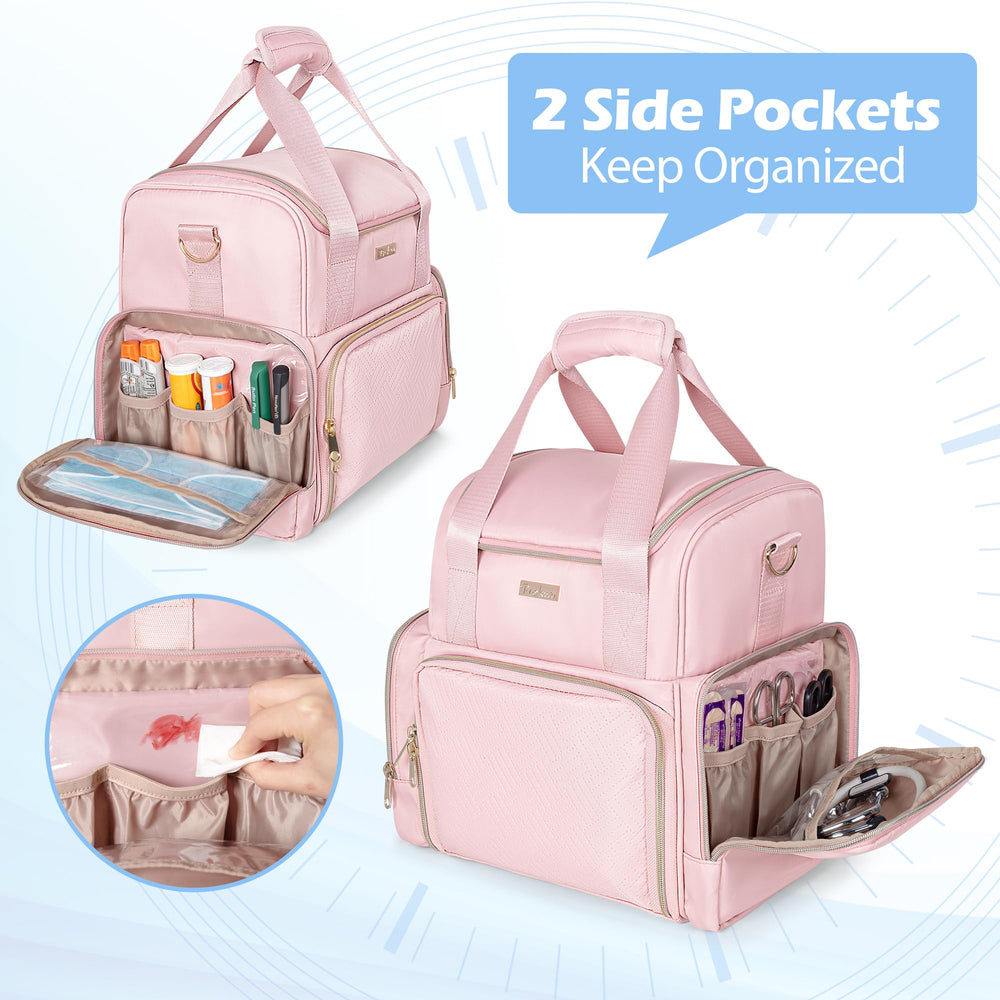 Prokva exterior side pockets and PVC pouches for ointments and pills organization.