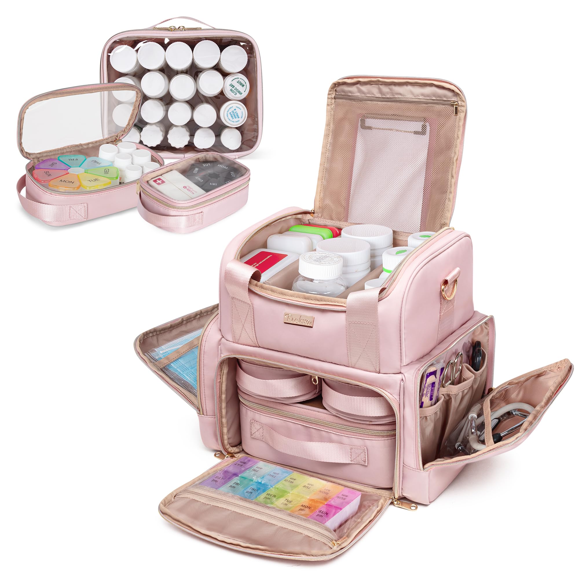 Prokva large medicine organizer bag top section with removable dividers for flexible daily use.