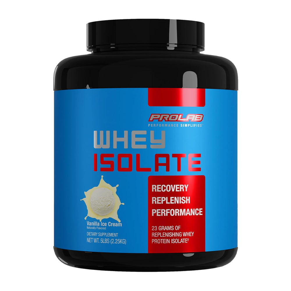 ProLab Whey Isolate Vanilla Ice Cream tub highlights high protein per serving for post-workout support.