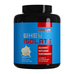 ProLab Whey Isolate Vanilla Ice Cream tub highlights high protein per serving for post-workout support.