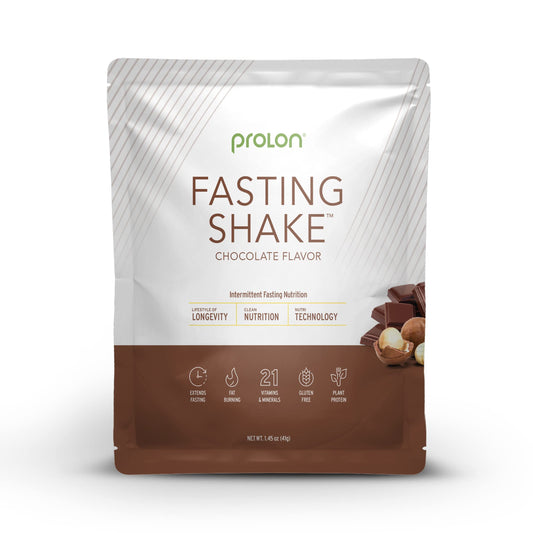 Prolon chocolate fasting shake ready to pour in a glass for a low-sugar start.
