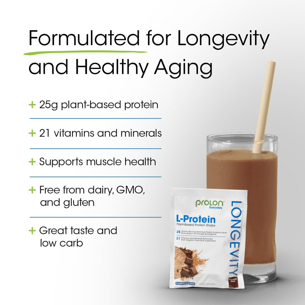 Prolon Longevity protein chocolate shake, rich flavor and muscle-friendly formula.