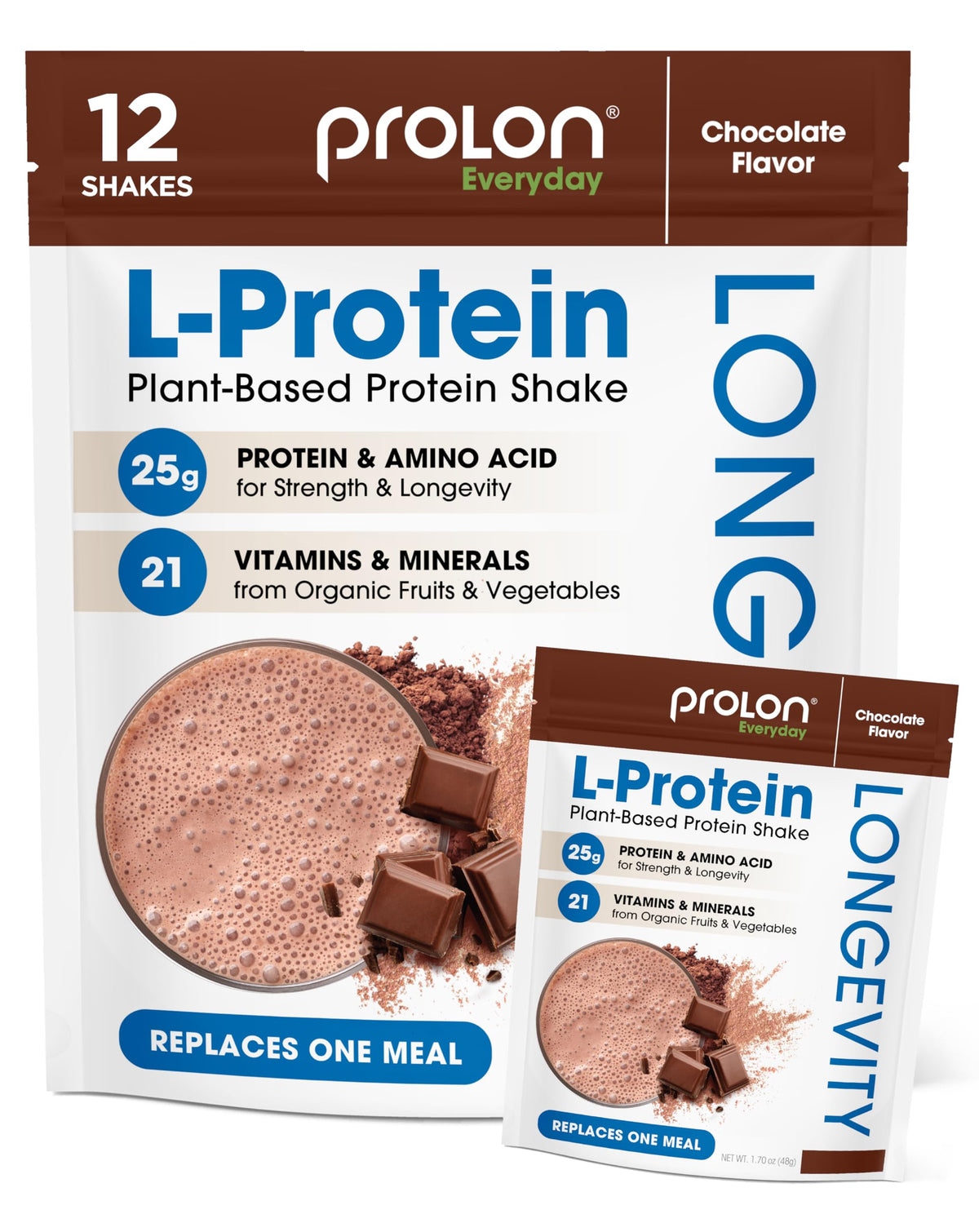 Prolon Longevity Protein Powder chocolate packaging highlights muscle support