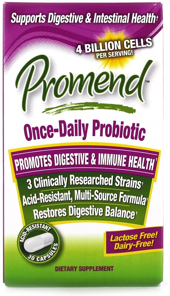PROMEND once-daily probiotic bottle highlights convenient daily use.
