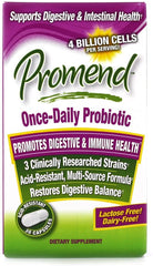 PROMEND once-daily probiotic bottle highlights convenient daily use.