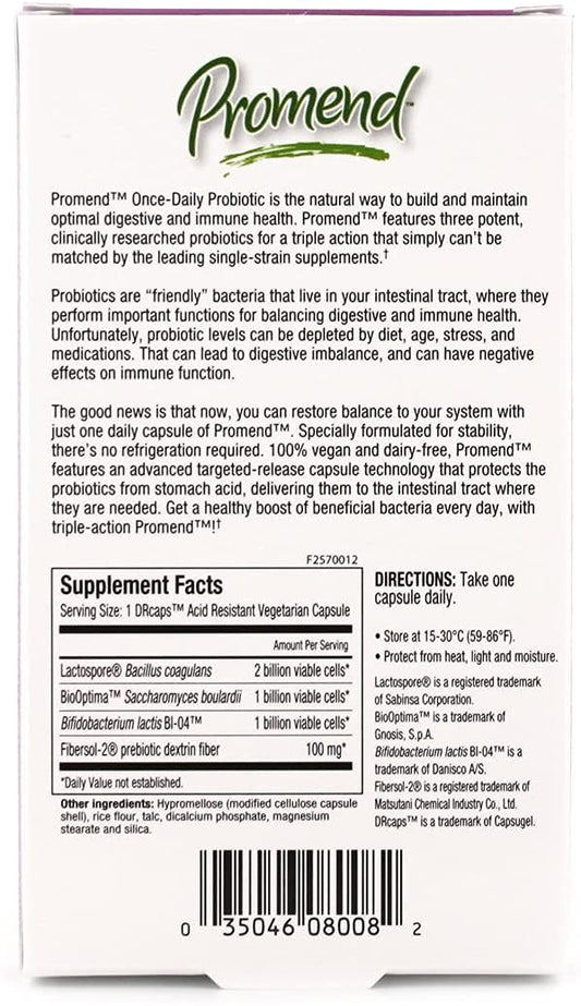 PROMEND probiotic capsules closeup shows easy supplementation for daily routine.