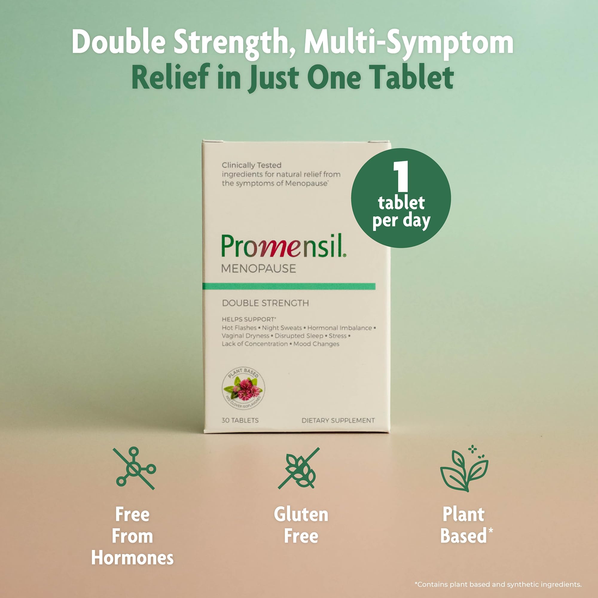 Promensil daily tablet inside bottle shows the one-per-day dose for menopause support.