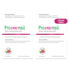 Promensil Perimenopause tablets bottle shows daily dosage labeling for routine use