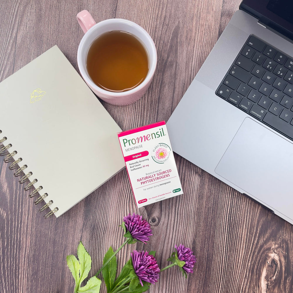 Promensil Red Clover bottle pour showing convenient dosing for ongoing balance.