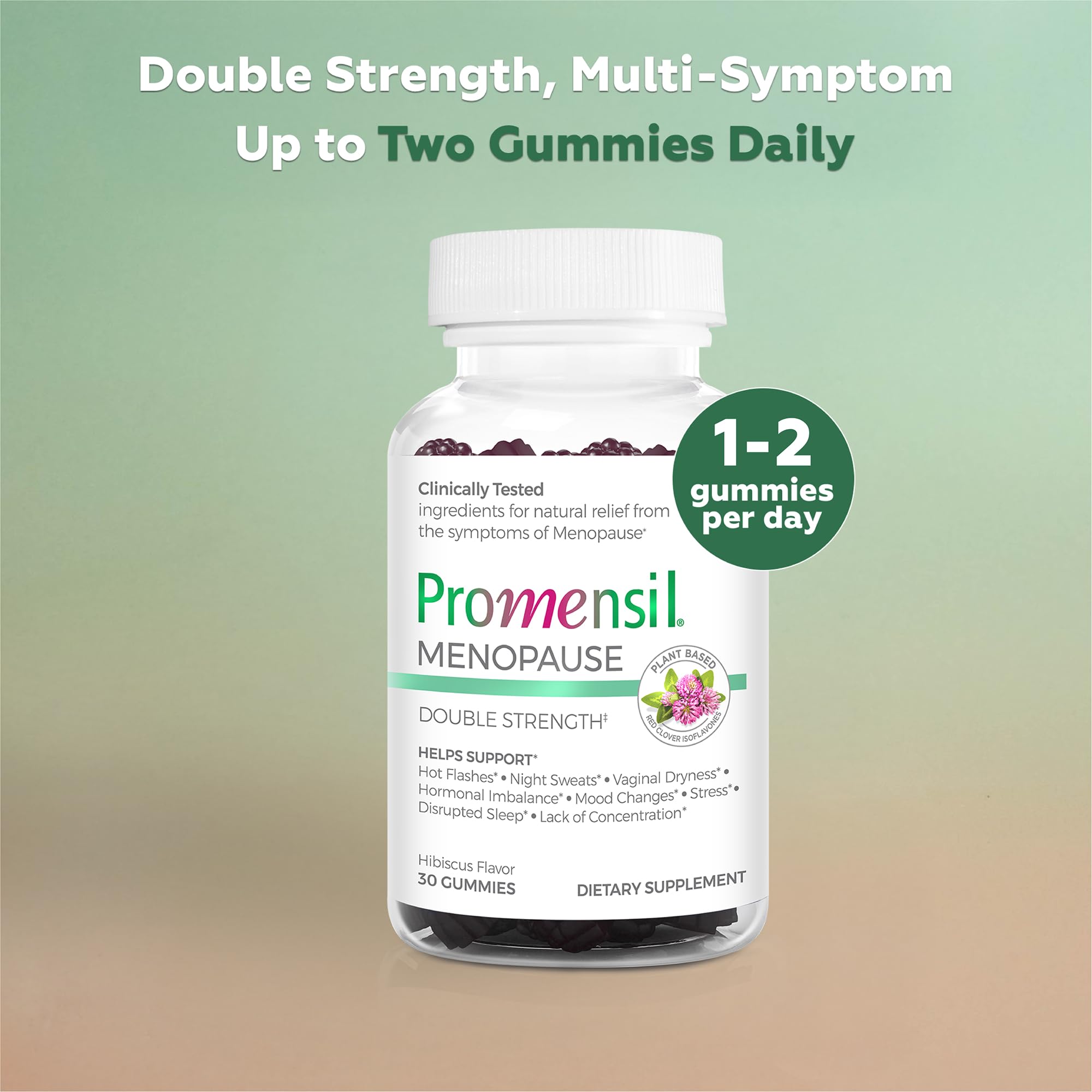 Promensil Red Clover Gummies packaging highlighting vegan, gluten-free formula with hibiscus flavor