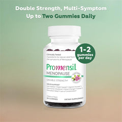 Promensil Red Clover Gummies packaging highlighting vegan, gluten-free formula with hibiscus flavor