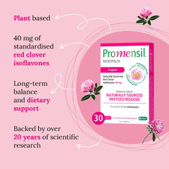 Promensil Red Clover label closeup with clear dosage information for informed use.