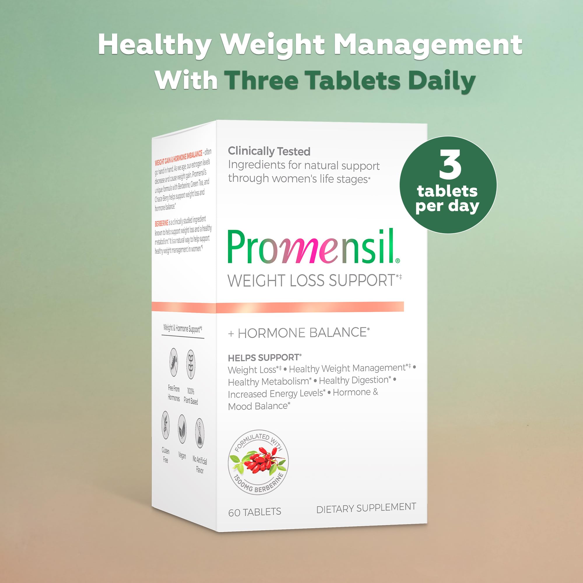 Promensil Weight Loss Support capsules closeup with berberine and green tea components