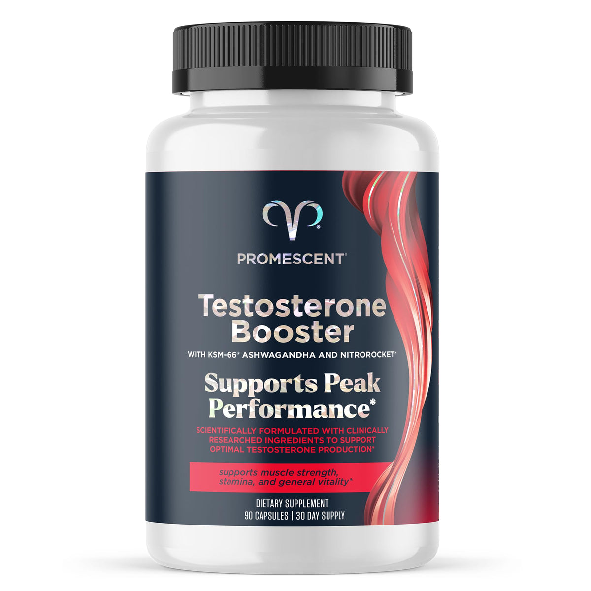 Promescent testosterone booster bottle with packaging showing energy support.