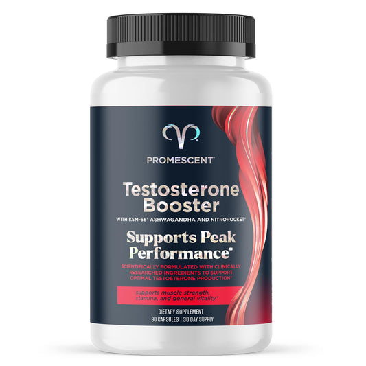 Promescent testosterone booster bottle with packaging showing energy support.