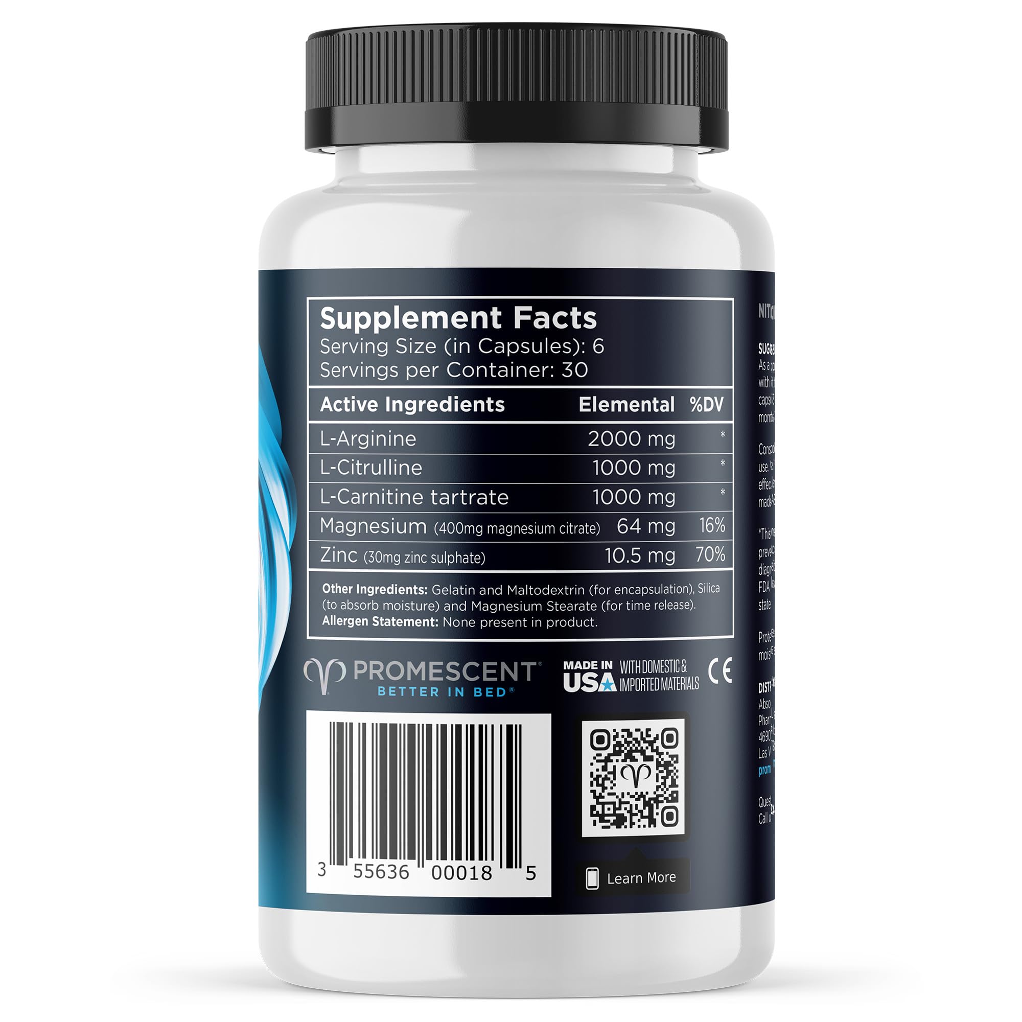 Promescent VitaFLUX label detail emphasizing L-Arginine, L-Citrulline, L-Carnitine Tartrate blend.